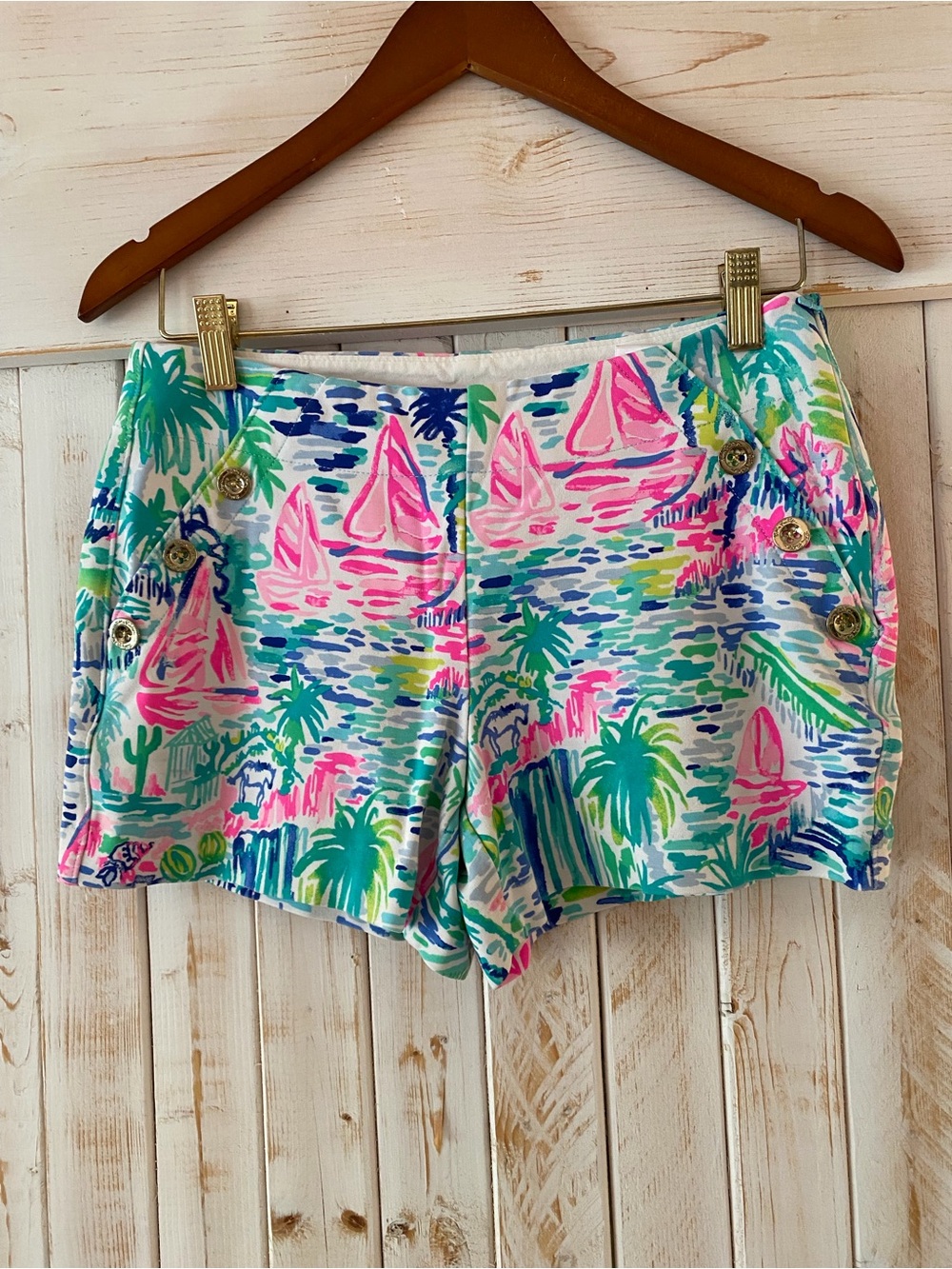 Lilly Pulitzer Pink & Aqua Sailboat Palm-Print Bermuda Shorts